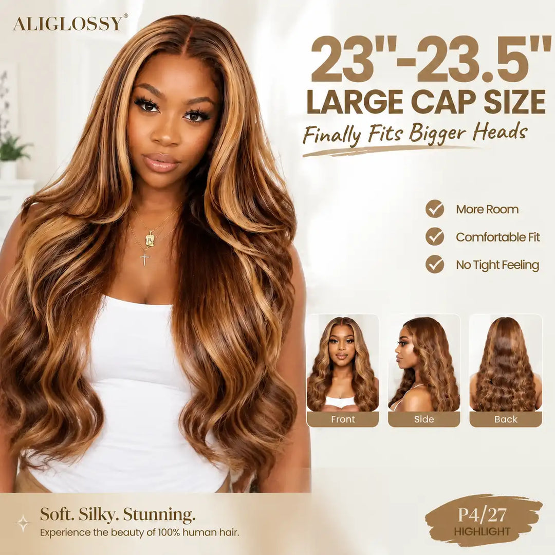 23-23.5 inch Large Cap Size P4/27 Highlight Body Wave 13x4 Lace Front Human Hair Wig showing full 200% to 250% high density volume and wavy texture.