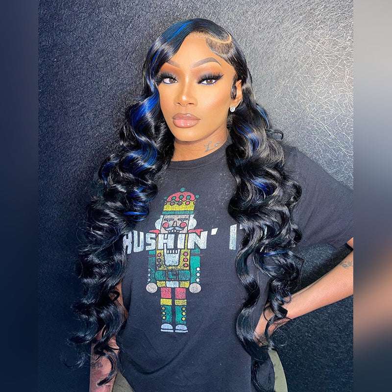 200% 250% 300% density black wig with Blue Highlights, 13x4 HD lace front