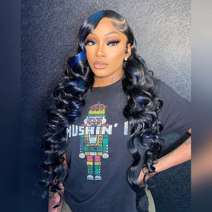 200% 250% 300% density black wig with Blue Highlights, 13x4 HD lace front