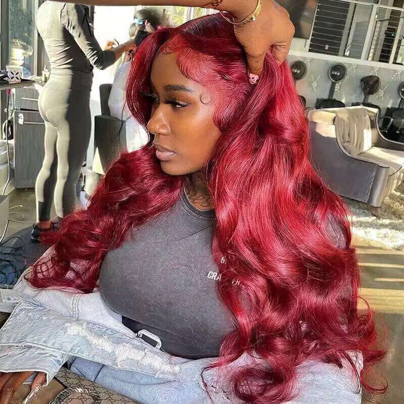 200% 250% Density Red Burgundy 13x6 HD lace front Body Wave wig