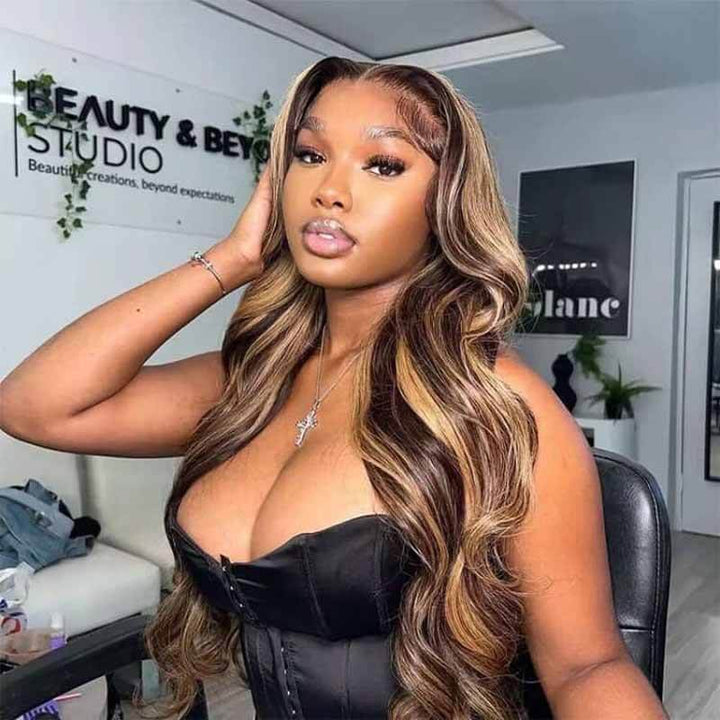 200% 250% density 4/27 Highlight Body Wave wig, 13x4 HD transparent lace front