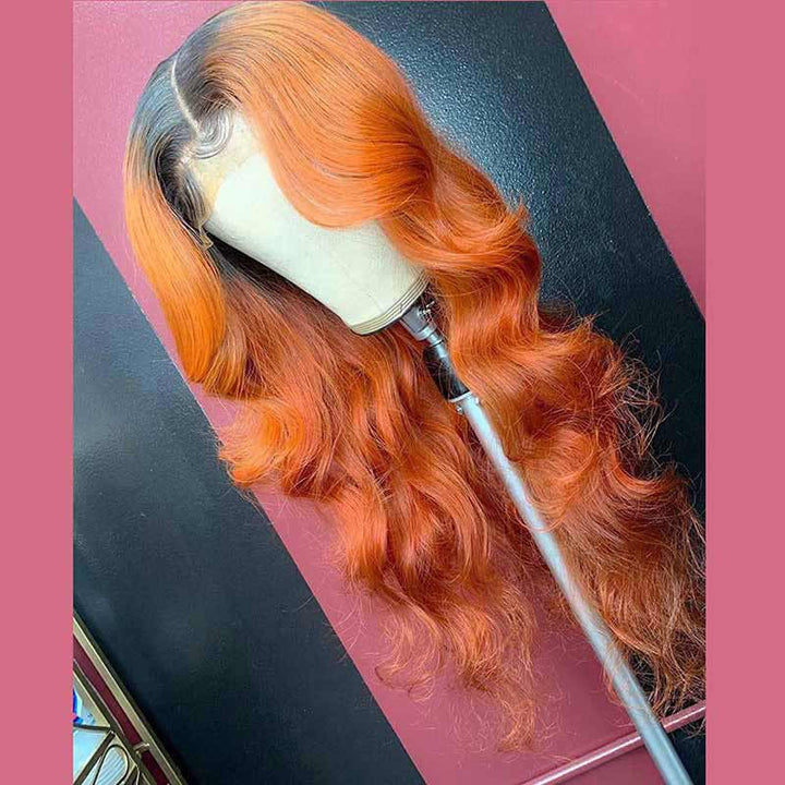 200% 250% high density Body Wave wig, 1B/Ginger ombre, 13x4 HD lace front