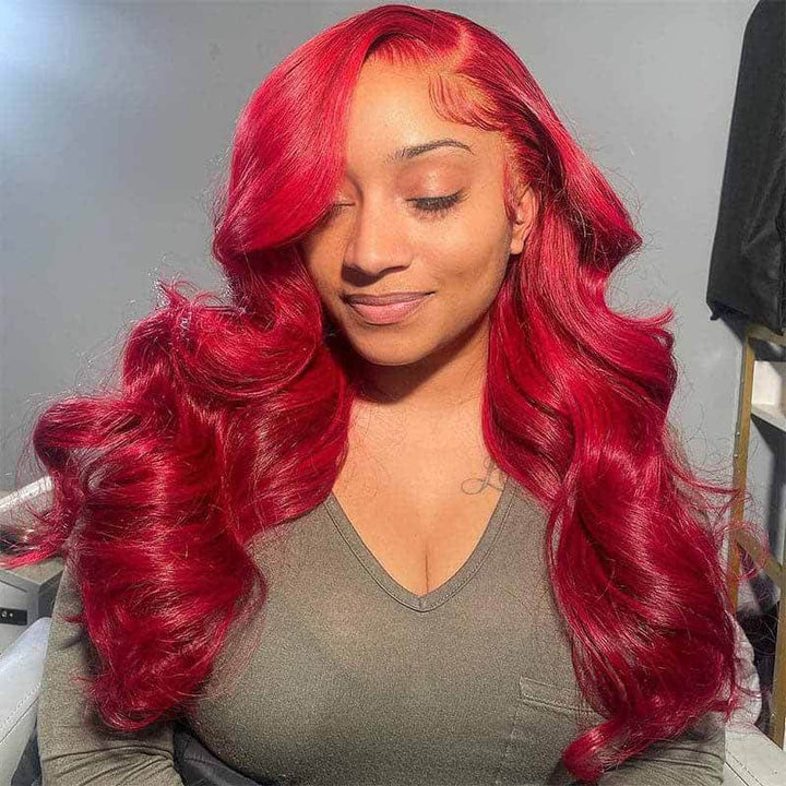 200% 250% high density Body Wave wig, Red Burgundy color, 13x4 HD lace front