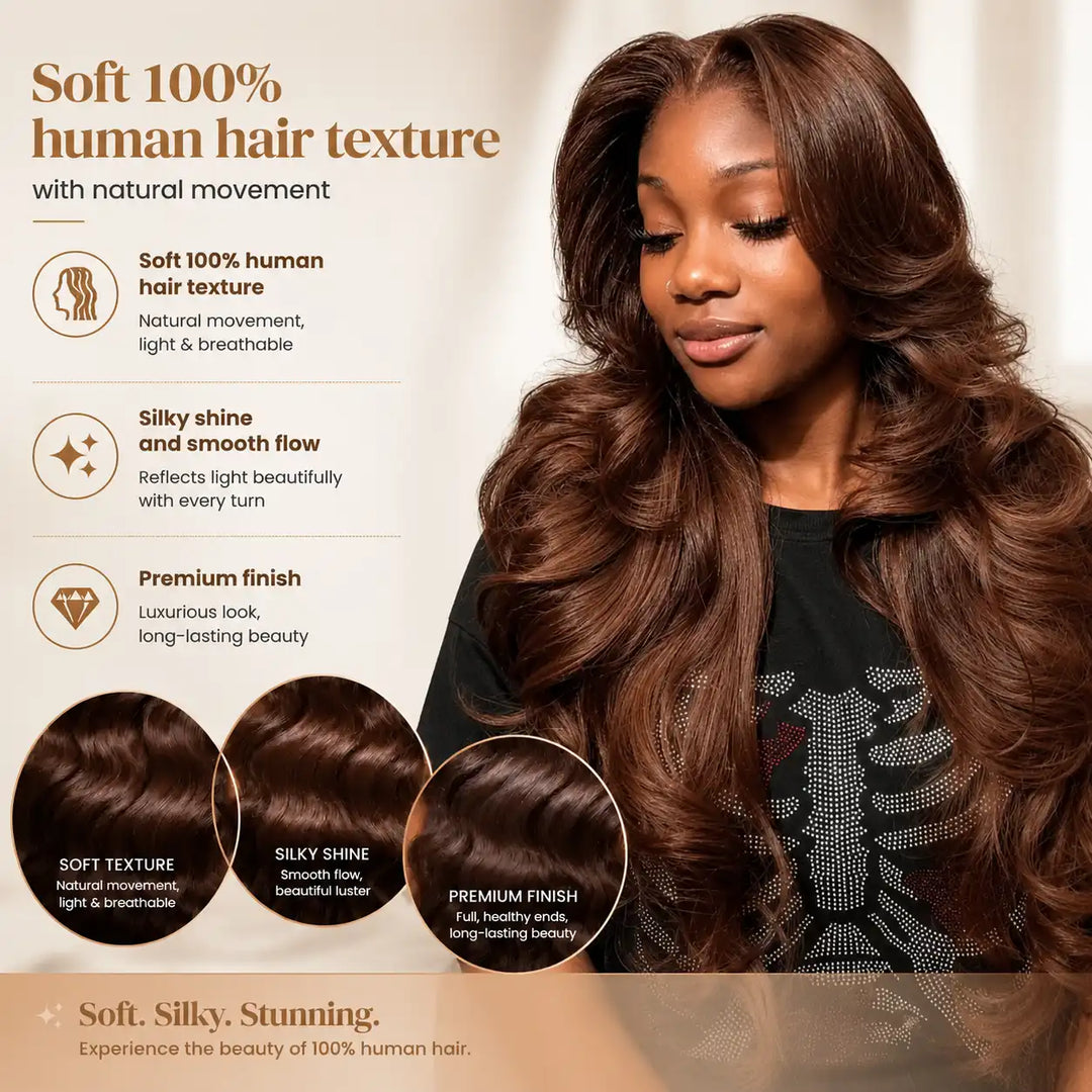 200% 250% high density chocolate brown body wave wig with large cap size, showing full and luxurious hair volume