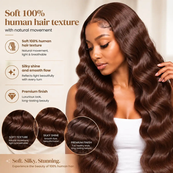 200% 250% high density chocolate brown body wave wig with large cap size, showing full and luxurious hair volume