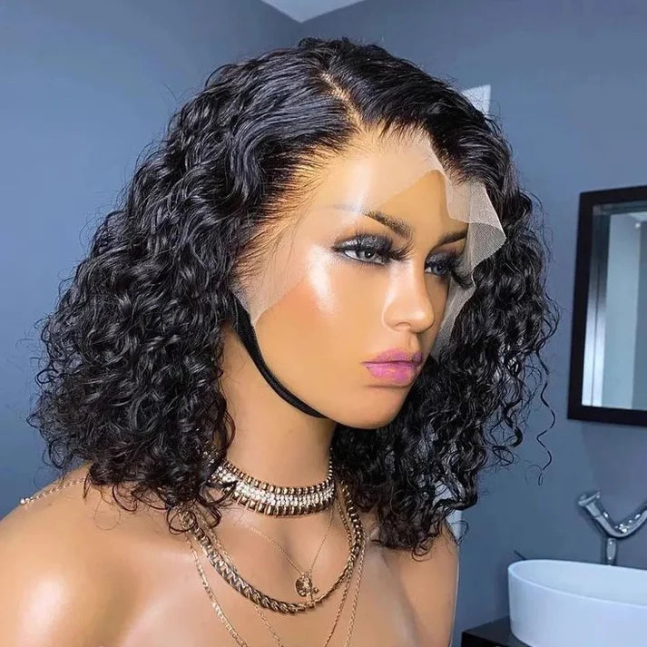 200 density short deep wave bob wig with natural looking lace front design