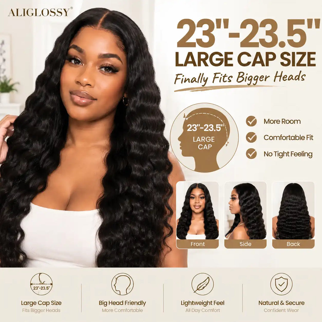 23-23.5 Inch Large Cap Size Big Head Friendly Deep Wave 13x4 Lace Front Human Hair Wig
