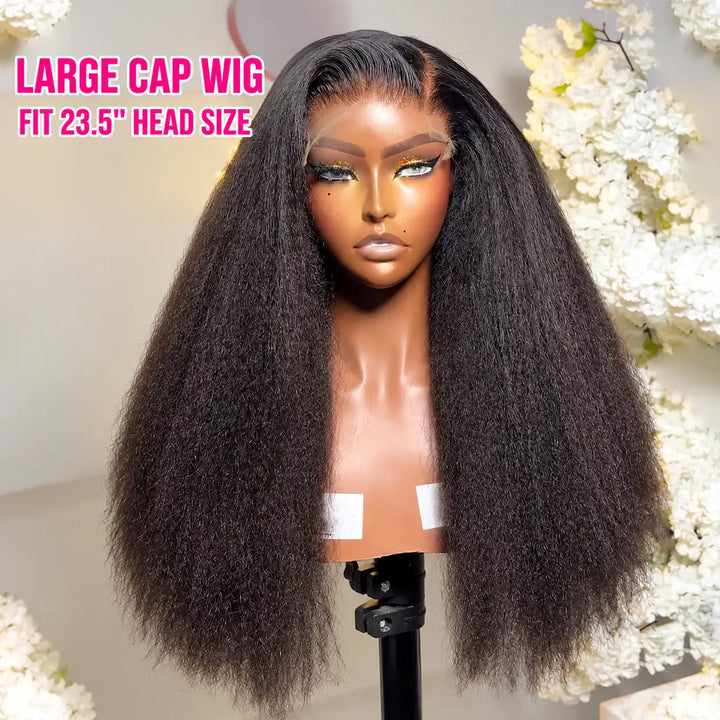 23-23.5 inch Large Cap Kinky Straight Lace Front Human Hair Wig For Big Heads