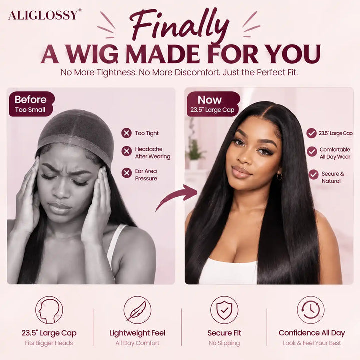 23-23.5 inch Large Cap Size 99J Burgundy Body Wave 13x4 Lace Front Human Hair Wig "Before and After" comparison chart, illustrating the relief from tight, uncomfortable wigs with the 23.5" big head friendly large cap size design for secure, pressure-free, and comfortable all-day wear.