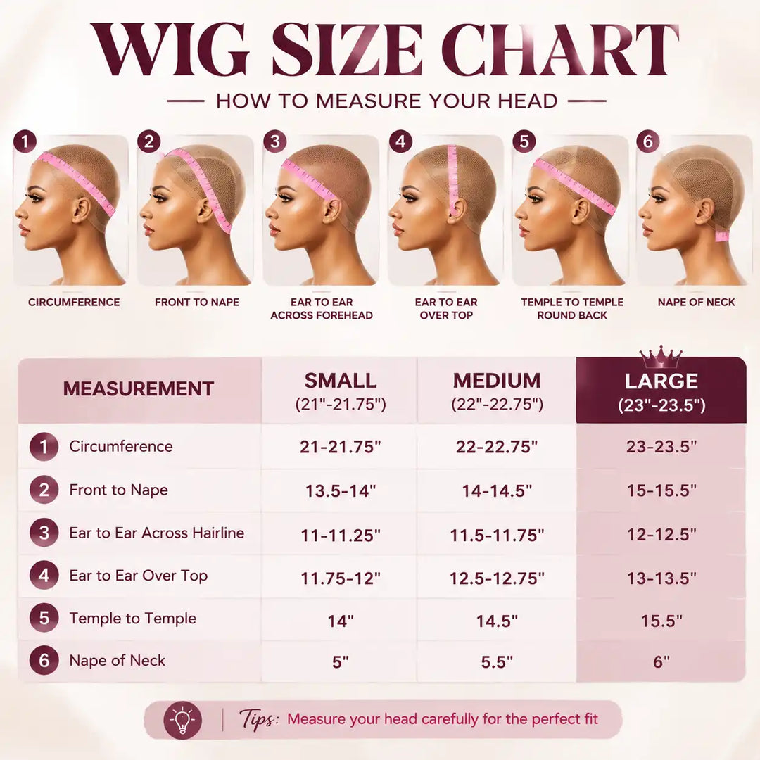 23-23.5 inch Large Cap Size 99J Burgundy Body Wave 13x4 Lace Front Human Hair Wig detailed cap size measurement guide for big head fit.