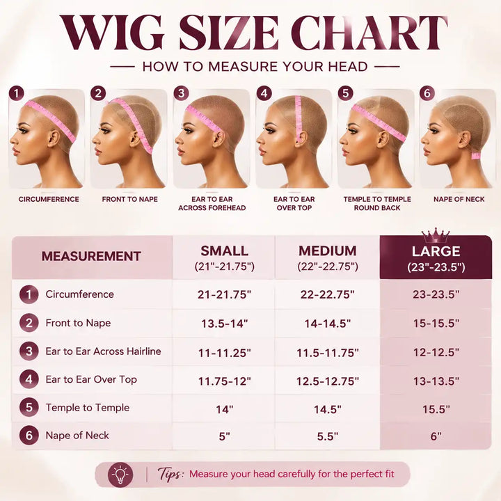 23-23.5 inch Large Cap Size 99J Burgundy Body Wave 13x4 Lace Front Human Hair Wig detailed cap size measurement guide for big head fit.