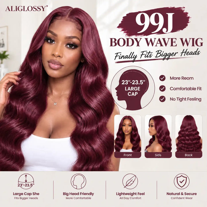 23-23.5 inch Large Cap Size 99J Burgundy Body Wave 13x4 Lace Front Human Hair Wig displaying vibrant 99J wine red shade from multiple angles.
