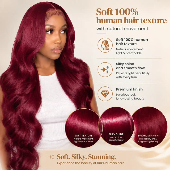 23-23.5 inch Large Cap Size 99J Burgundy Body Wave 13x4 Lace Front Human Hair Wig for women offering flexible deep middle and side parting options.