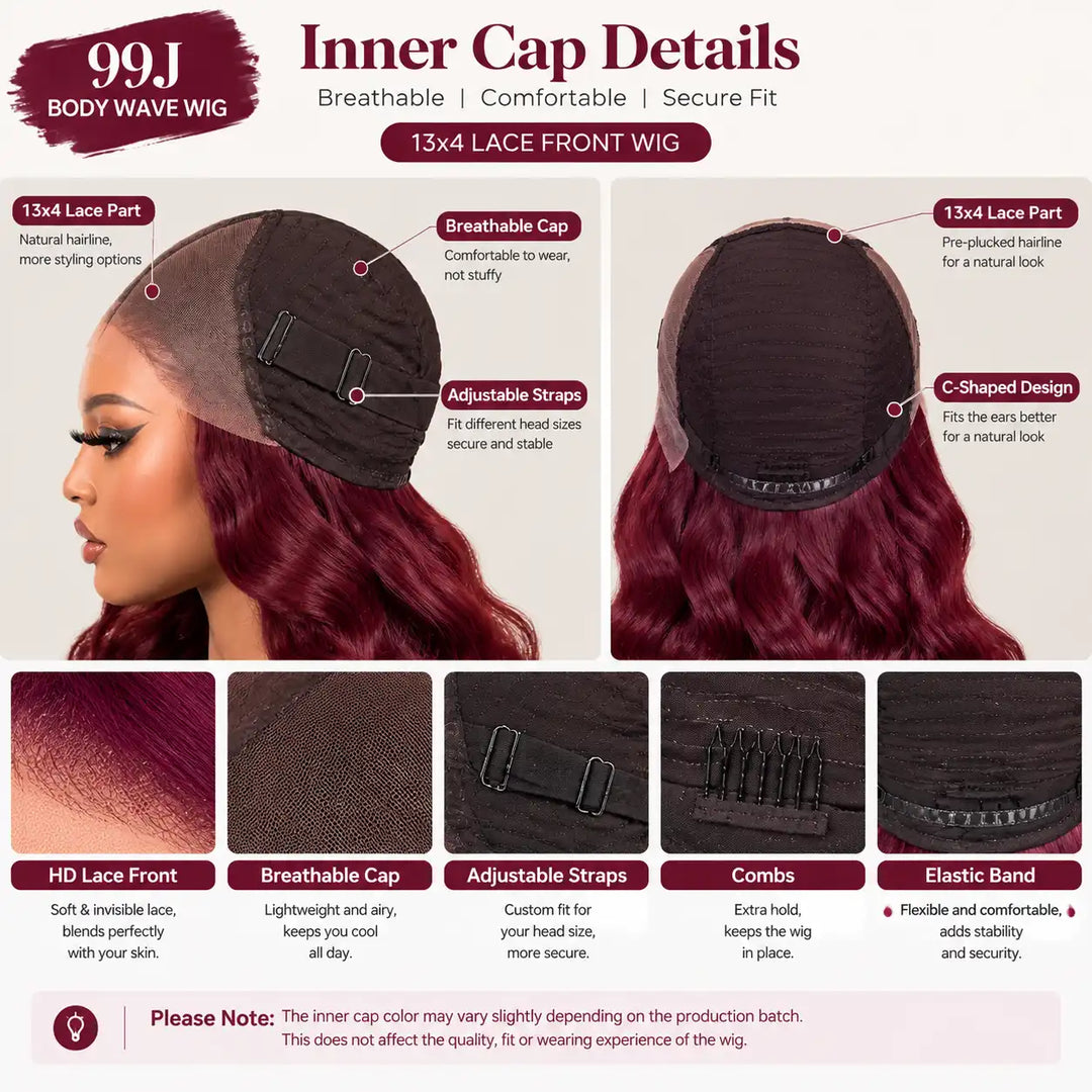 23-23.5 inch Large Cap Size 99J Burgundy Body Wave 13x4 Lace Front Human Hair Wig inside cap construction with secure combs and adjustable elastic straps.