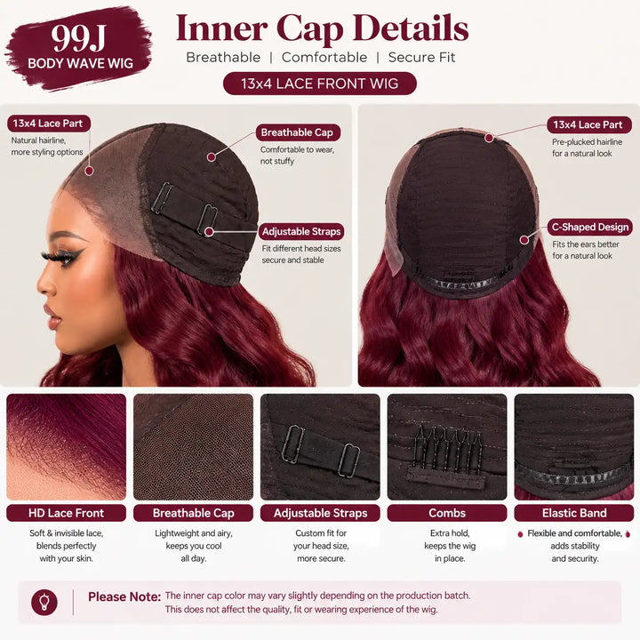 23-23.5 inch Large Cap Size 99J Burgundy Body Wave 13x4 Lace Front Human Hair Wig inside cap construction with secure combs and adjustable elastic straps.