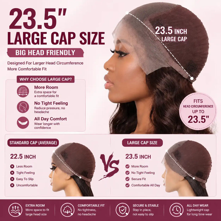 23-23.5 inch Large Cap Size 99J Burgundy Body Wave 13x4 Lace Front Human Hair Wig showcasing 100% virgin human hair with soft texture, natural luster, and vibrant wine red color.