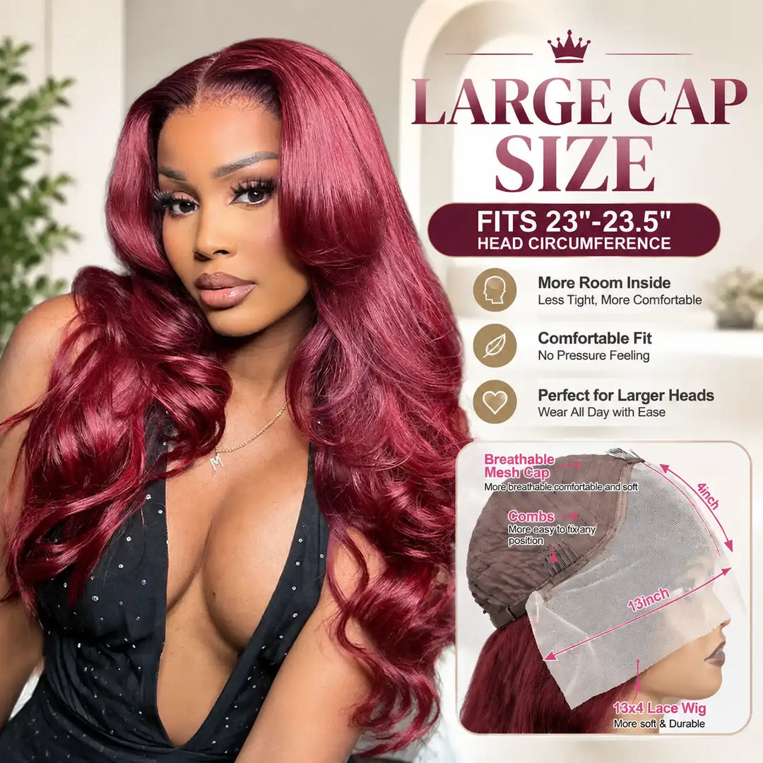 23-23.5 inch Large Cap Size 99J Burgundy Body Wave 13x4 Lace Front Human Hair Wig showing big head friendly comfortable fit.