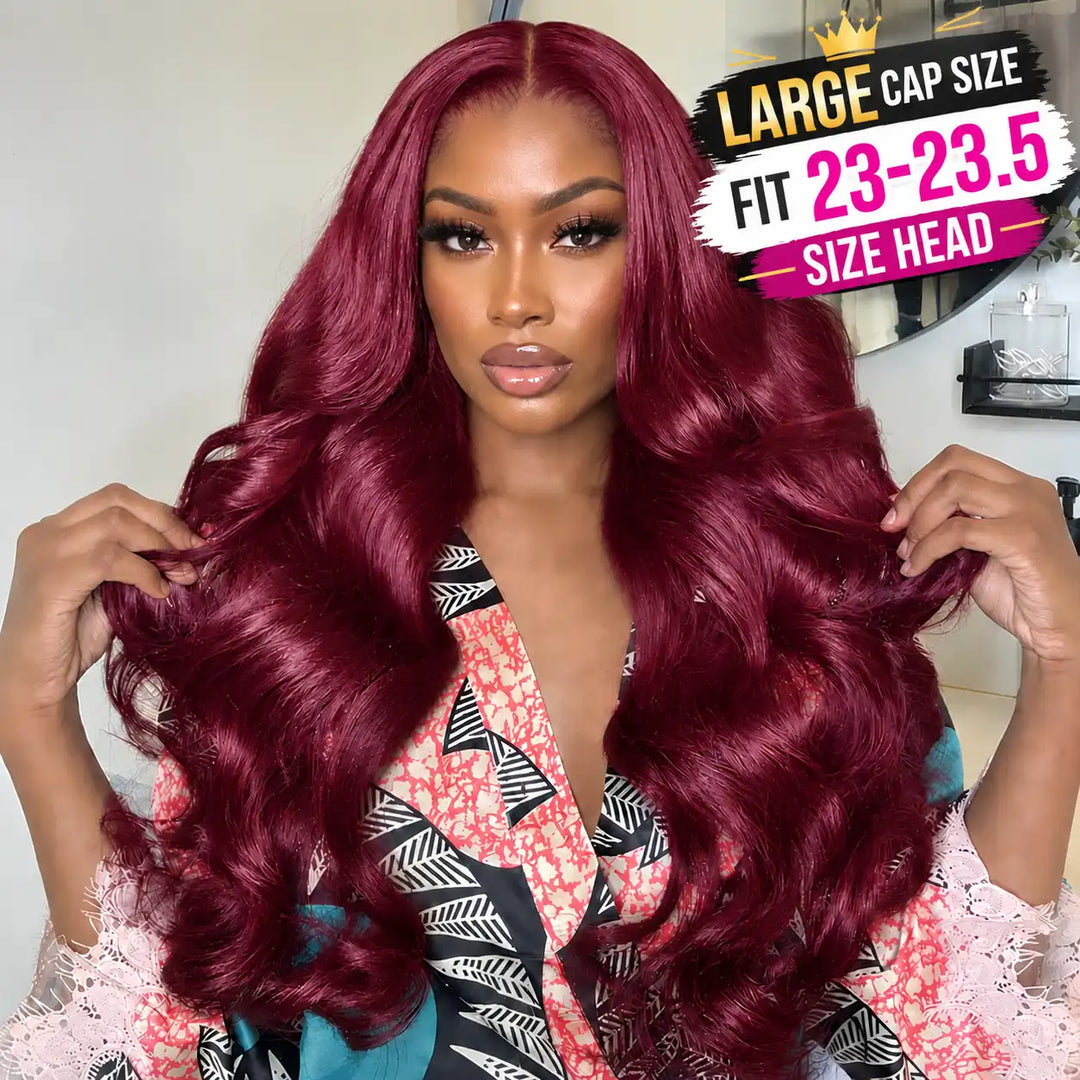 23-23.5 inch Large Cap Size 99J Burgundy Body Wave 13x4 Lace Front Human Hair Wig worn by model showcasing rich wine red hair color.
