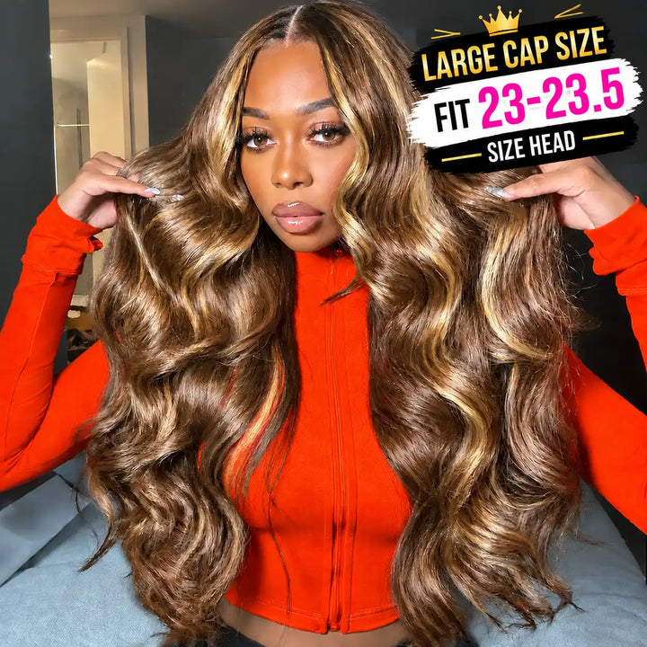 23-23.5 inch Large Cap Size P4/27 Highlight Body Wave 13x4 Lace Front Human Hair Wig