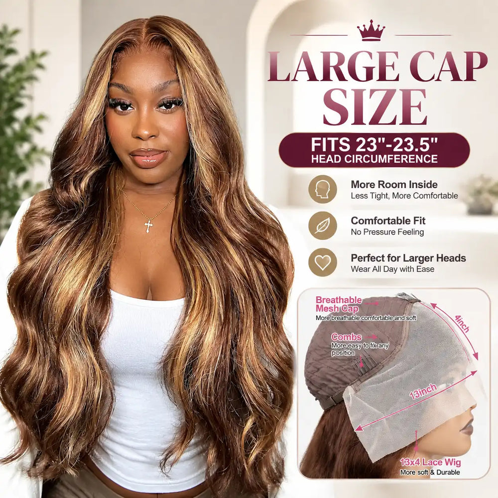 23-23.5 inch Large Cap Size P4/27 Highlight Body Wave 13x4 Lace Front Human Hair Wig showing big head friendly comfortable fit on model.