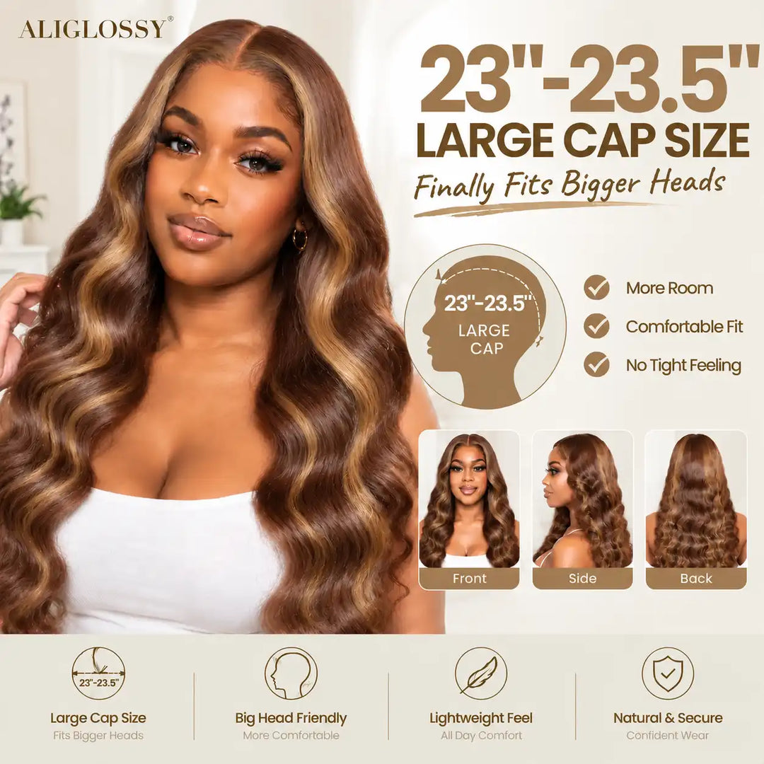 23-23.5 inch Large Cap Size P4/27 Highlight Body Wave 13x4 Lace Front Human Hair Wig showing full 200% to 250% high density volume and wavy texture.