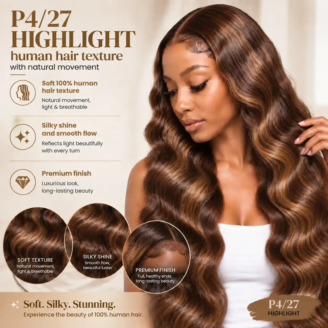 23-23.5 inch Large Cap Size P4/27 Highlight Body Wave 13x4 Lace Front Human Hair Wig with pre-plucked hairline and invisible HD transparent lace.