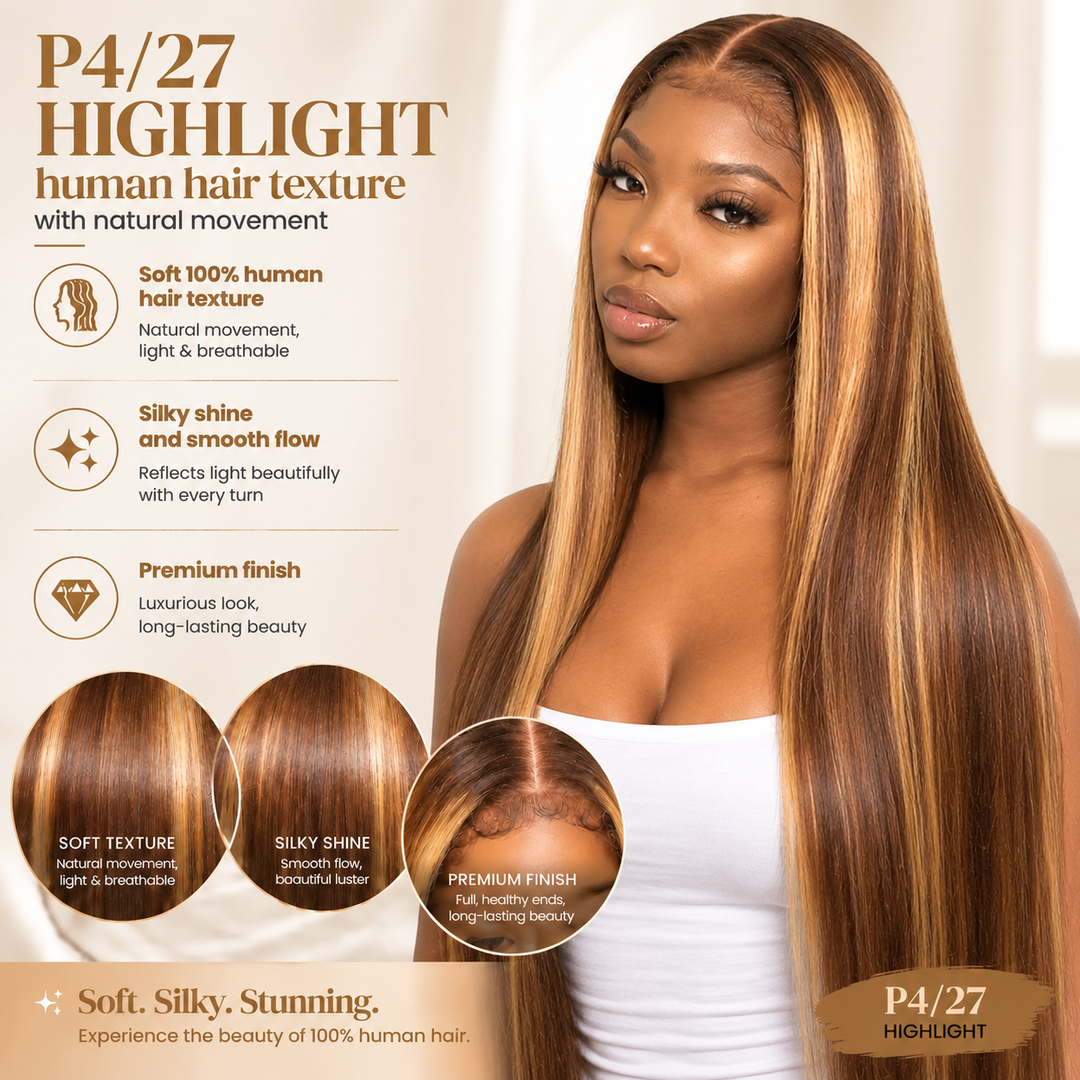 23.5-Inch Big Head Friendly Large Cap Human Hair Wig with 13x4 HD Lace Front in P4/27 Highlight Straight Style