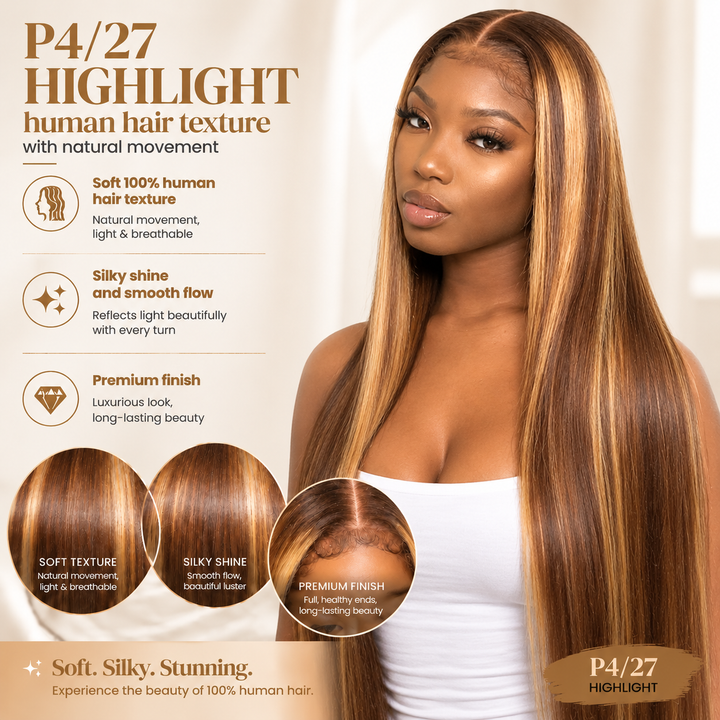 23.5-Inch Big Head Friendly Large Cap Human Hair Wig with 13x4 HD Lace Front in P4/27 Highlight Straight Style