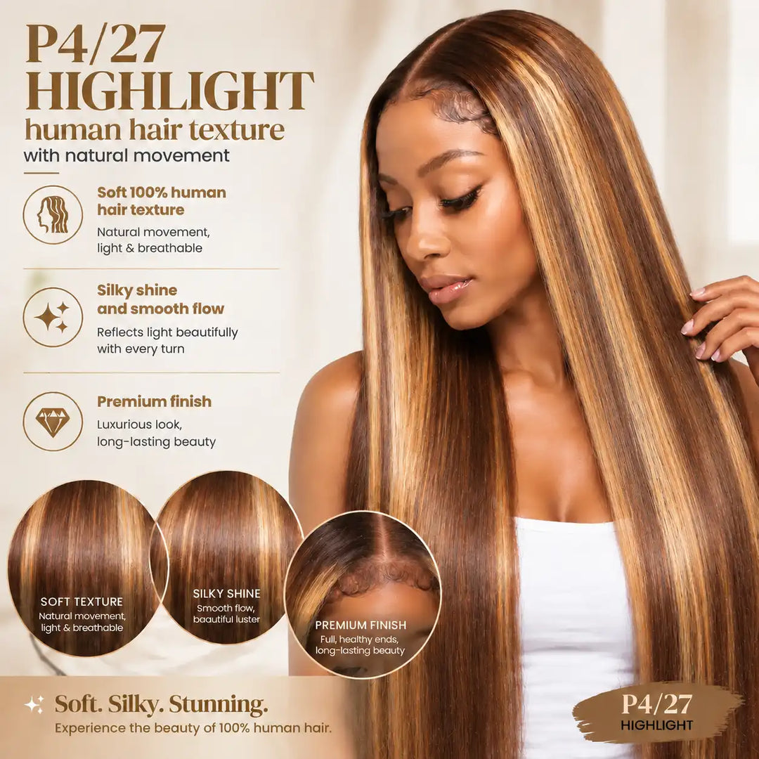23.5-Inch Big Head Friendly Large Cap Human Hair Wig with 13x4 HD Lace Front in P4/27 Highlight Straight Style