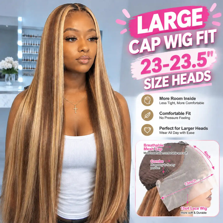 23.5 Inch Large Cap Human Hair Wig for Big Heads in P4/27 Highlight with 13x4 HD Lace Front