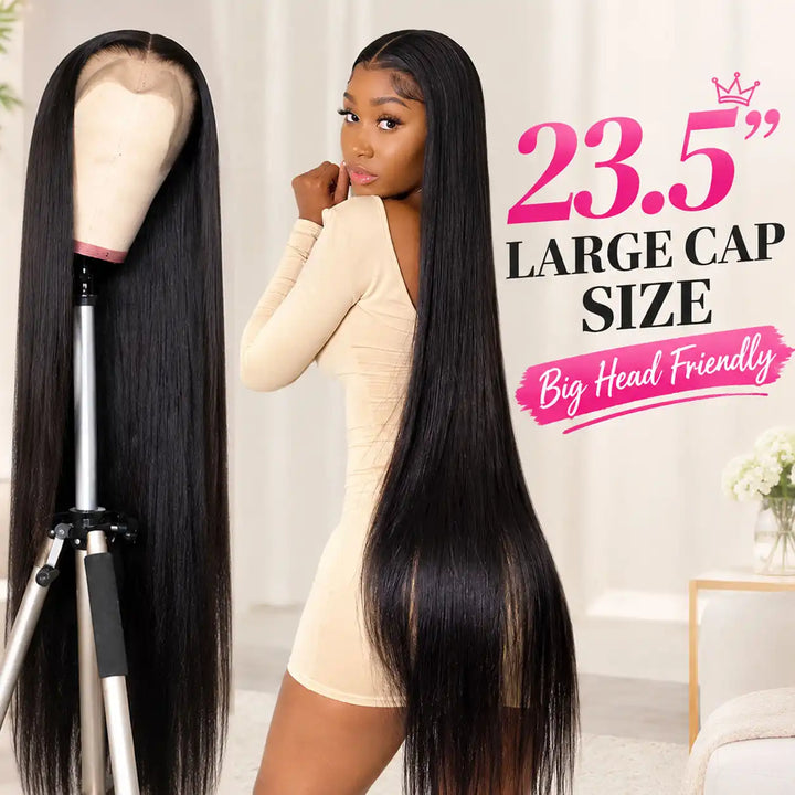 23.5 Inch Large Cap Size Big Head Friendly 13x4 Straight Lace Front Human Hair Wig 200% 250% Density