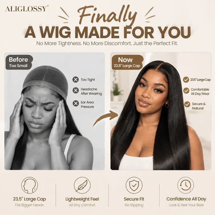23.5 Inch Large Cap Size Big Head Friendly Straight Lace Front Human Hair Wig comfortable fit comparison