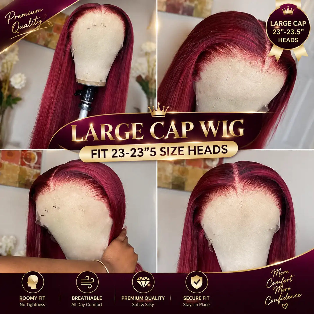 23"-23.5" Large Cap Human Hair Wig for Big Heads | 99J Burgundy Straight 13x4 HD Lace Front Wig For Women 