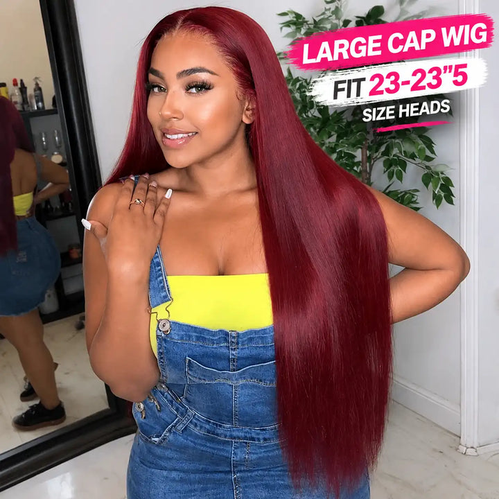 23"-23.5" Large Cap Human Hair Wig for Big Heads | 99J Burgundy Straight 13x4 HD Lace Front Wig For Women