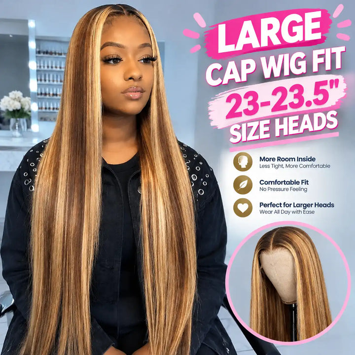 23"-23.5" Large Cap Human Hair Wig for Big Heads | P4/27 Highlight Straight 13x4 HD Lace Front Wig For Women