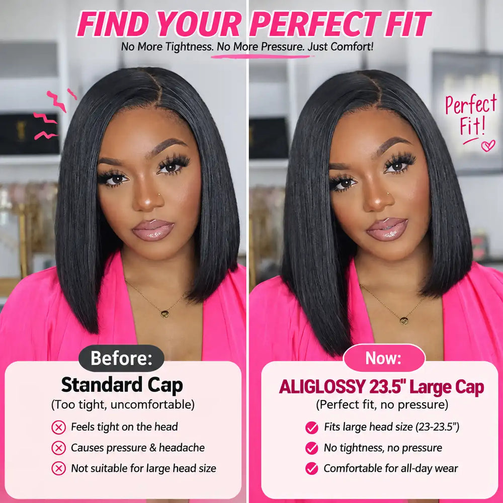23"-23.5" Large Cap Human Hair Wig for Big Heads | Short Bob Straight 13x4 HD Lace Front Wig For Black Women big head friendly fit comparison.