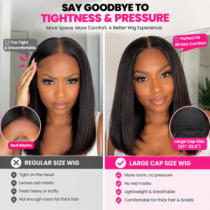 23"-23.5" Large Cap Human Hair Wig for Big Heads | Short Bob Straight 13x4 HD Lace Front Wig For Black Women big head friendly fit comparison.