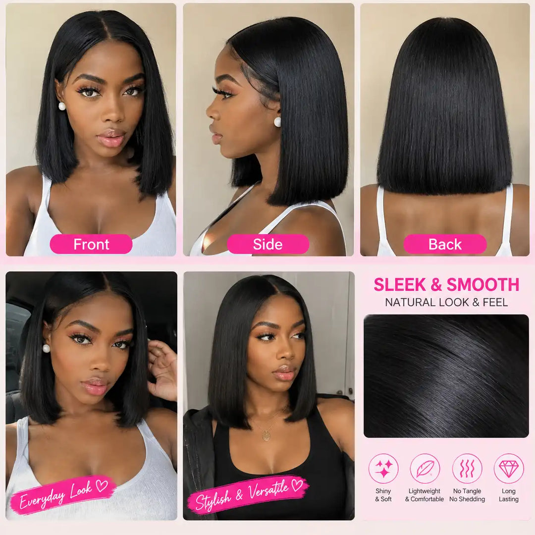 23"-23.5" Large Cap Human Hair Wig for Big Heads | Short Bob Straight 13x4 HD Lace Front Wig For Black Women displaying front side back views and sleek natural look.