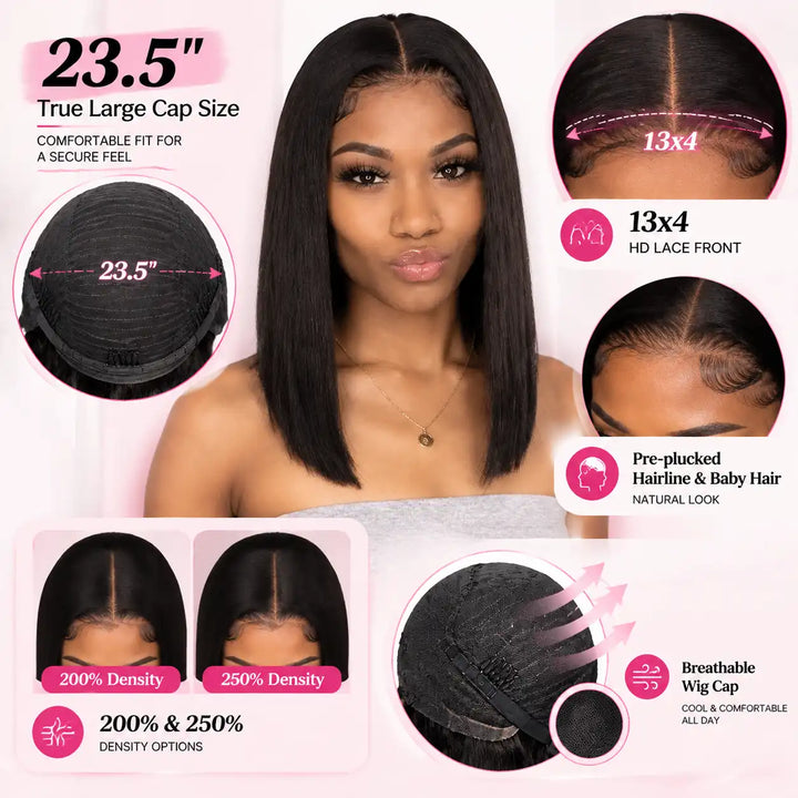 23"-23.5" Large Cap Human Hair Wig for Big Heads | Short Bob Straight 13x4 HD Lace Front Wig For Black Women features infographic chart.