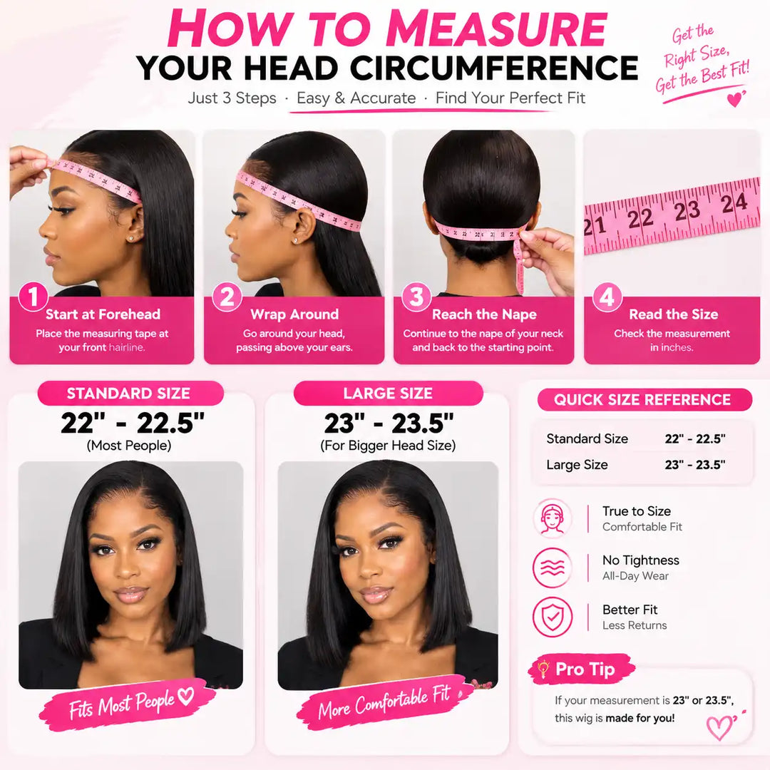 23"-23.5" Large Cap Human Hair Wig for Big Heads | Short Bob Straight 13x4 HD Lace Front Wig For Black Women how to measure guide and fit comparison graphic.