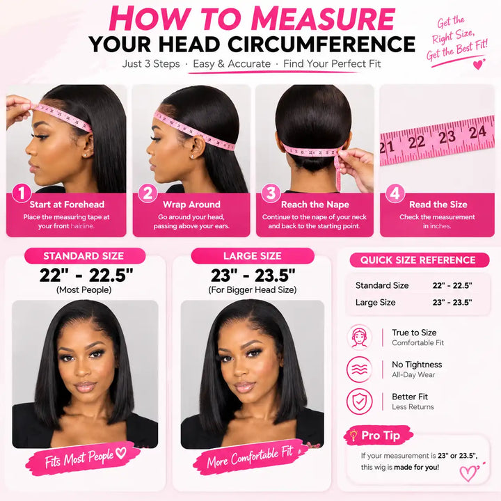 23"-23.5" Large Cap Human Hair Wig for Big Heads | Short Bob Straight 13x4 HD Lace Front Wig For Black Women how to measure guide and fit comparison graphic.