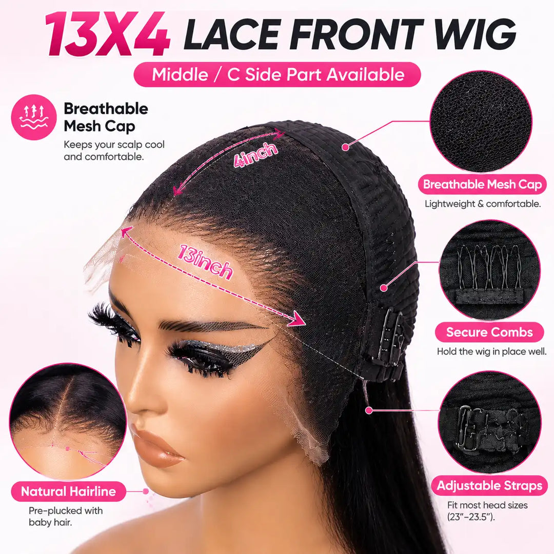 23"-23.5" Large Cap Human Hair Wig for Big Heads | Short Bob Straight 13x4 HD Lace Front Wig For Black Women pre-plucked HD lace hairline.