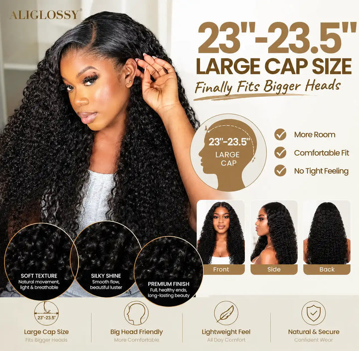 23"-23.5" Large Cap Size Big Head Friendly Kinky Curly 13x4 HD Lace Frontal Human Hair Wig comfortable fit display with front, side, and back views.