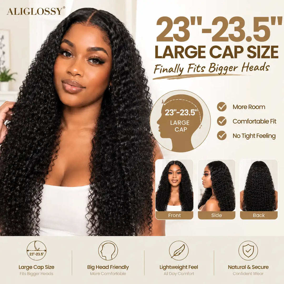 23"-23.5" Large Cap Size Big Head Friendly Kinky Curly 13x4 HD Lace Frontal Human Hair Wig comfortable fit display with front, side, and back views.
