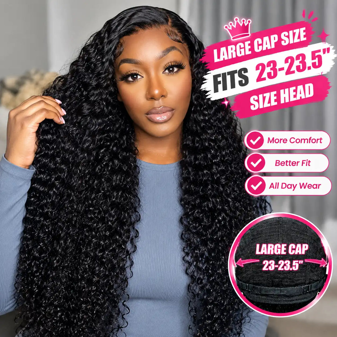 23"-23.5" Large Cap Size Water Wave 13x4 HD Lace Frontal Human Hair Wig - ALIGLOSSY showing big head friendly cap size, high density, and natural hairline.