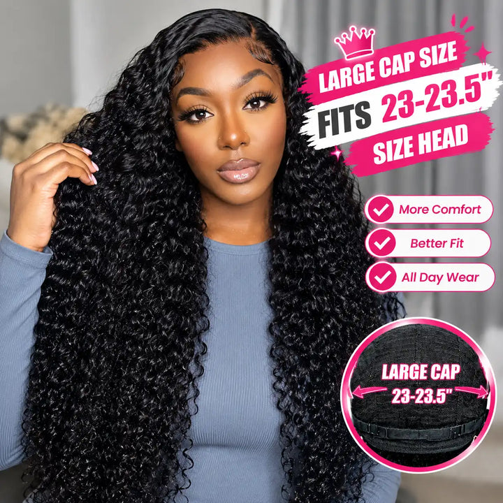 23"-23.5" Large Cap Size Water Wave 13x4 HD Lace Frontal Human Hair Wig - ALIGLOSSY showing big head friendly cap size, high density, and natural hairline.