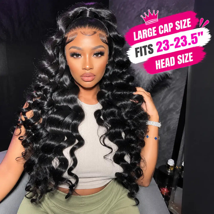 23–23.5 Inch Large Cap Loose Deep Wave 13x4 HD Lace Front Human Hair Wig 200% 250% Density