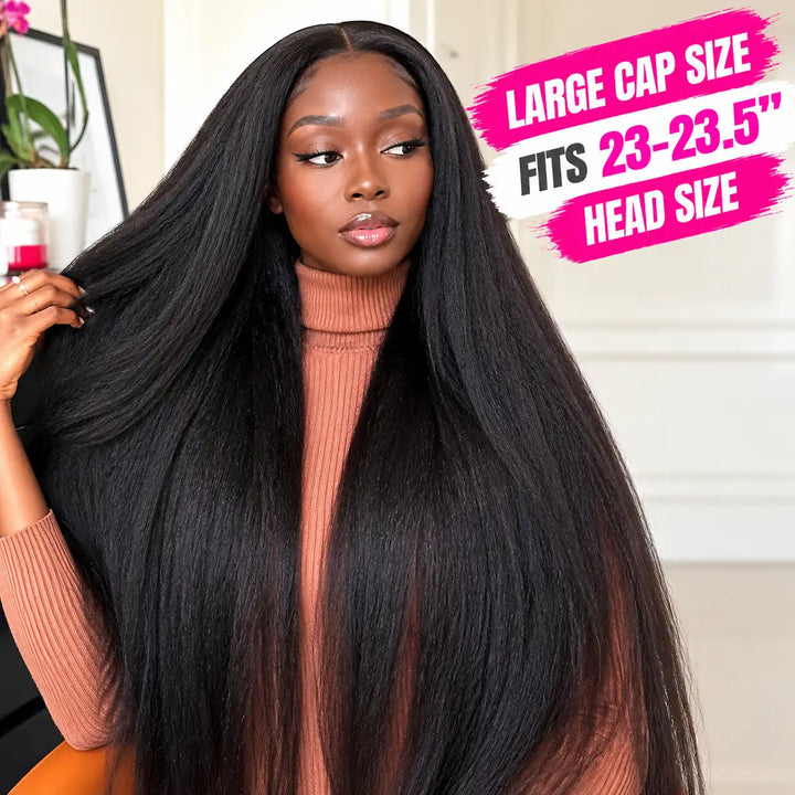 23–23.5 Inch Large Cap Size Kinky Straight 13x4 HD Lace Front Human Hair Wig 200% 250% Density