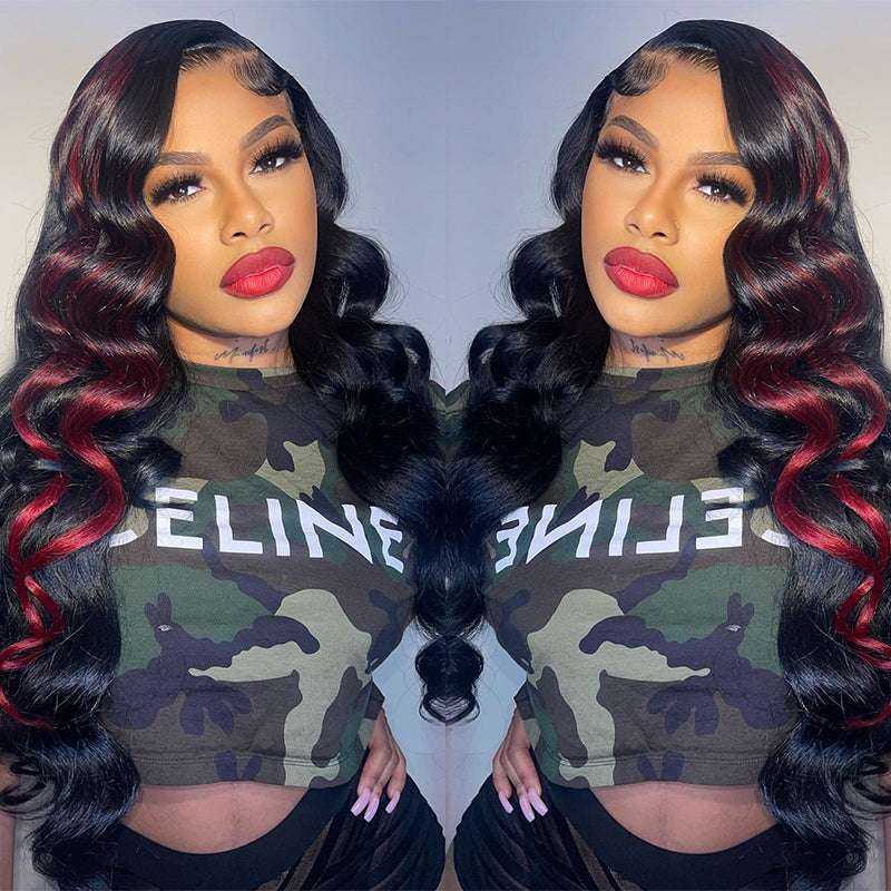250% 300% Density Wand Curls 13x4 lace front black wig with Red Highlights