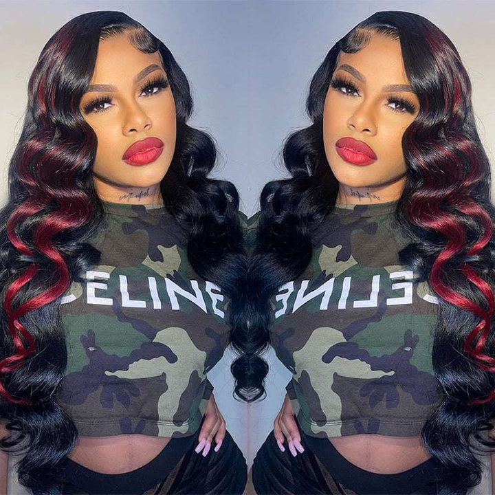 250% 300% Density Wand Curls 13x4 lace front black wig with Red Highlights